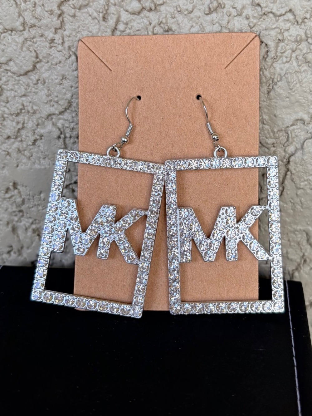 Bold Silver Tone Rhinestone Logo Square Dangle Earrings